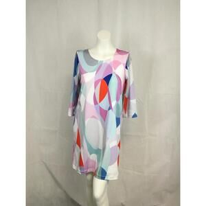 [329]Lesley Evers Dress M Multicolor Geometric Jersey Shift 3/4 Sleeve Casual